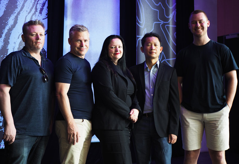 Ashley James Simmonds, Derek James and Kelly Yeoh of Blue Dwarf Space; Yee Wei Law of Mesh in Space, Austin Lovell of Up&Up at the University of South Australia. Credit_ Innovation & Collaboration Centre